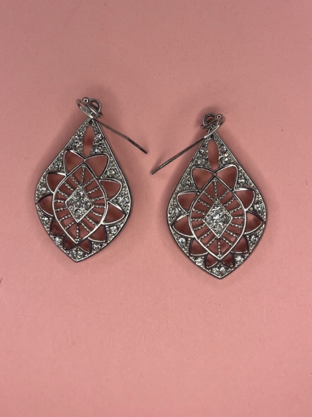 Silver Filigree Teardrop Earrings with Clear Accent Stones